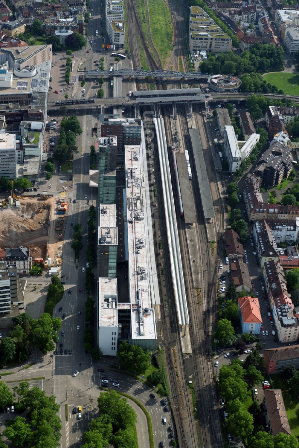 Freiburg im Breisgau from above - Track progress and building of the main station Freiburg (Breisgau) Hbf of the railway in the district Zentrum in Freiburg im Breisgau in the state Baden-Wurttemberg, Germany