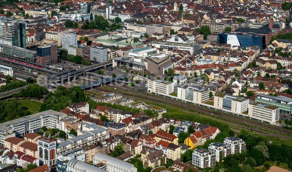 Freiburg im Breisgau from above - Track progress and building of the main station of the railway in Freiburg im Breisgau in the state Baden-Wuerttemberg, Germany