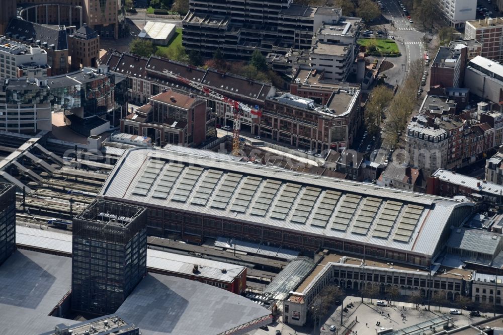 Aerial image Lille - Main building of the train station Gare de Lille Flandres in Lille in Nord-Pas-de-Calais Picardy, France