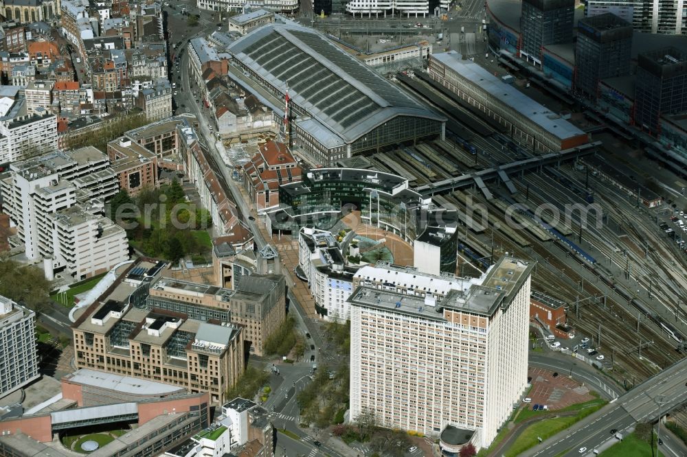 Aerial image Lille - Main building of the train station Gare de Lille Flandres in Lille in Nord-Pas-de-Calais Picardy, France