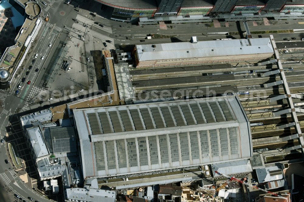 Lille from above - Main building of the train station Gare de Lille Flandres in Lille in Nord-Pas-de-Calais Picardy, France