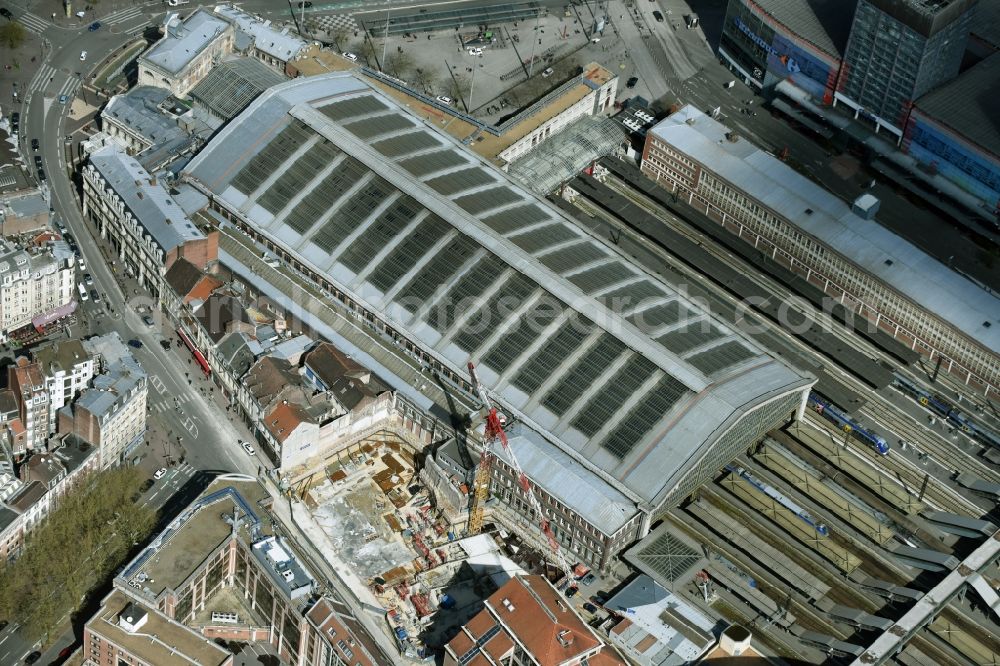 Aerial image Lille - Main building of the train station Gare de Lille Flandres in Lille in Nord-Pas-de-Calais Picardy, France