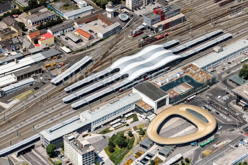 Graz from above - Track progress and building of the main station of the railway in Graz in Steiermark, Austria