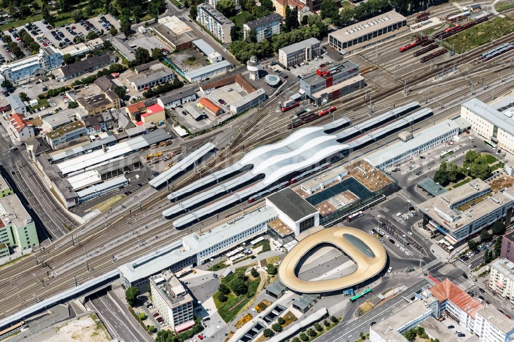 Graz from the bird's eye view: Track progress and building of the main station of the railway in Graz in Steiermark, Austria