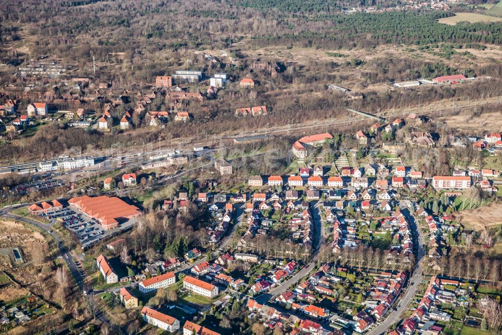 Aerial photograph Jüterbog - Track progress and building of the main station of the railway in Jueterbog in the state Brandenburg, Germany