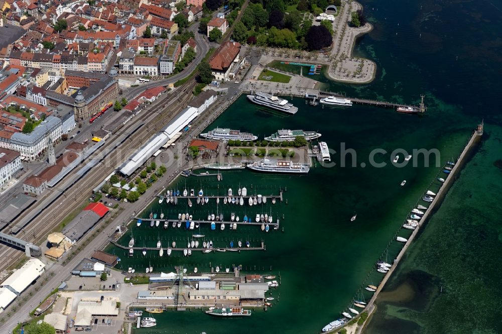 Konstanz from above - Track progress and building of the main station of the railway on Konstanz Hafen in Konstanz in the state Baden-Wuerttemberg, Germany