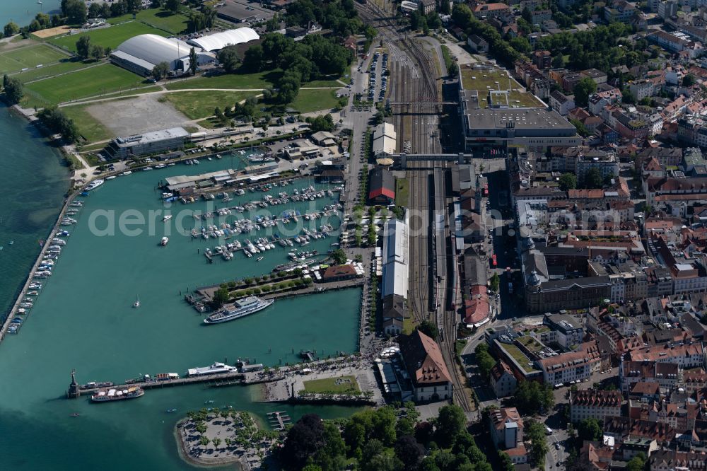 Konstanz from above - Track layout and building of the main train station at Konstanz Hafen in the district Altstadt in Konstanz on Lake Constance in the state Baden-Wurttemberg, Germany