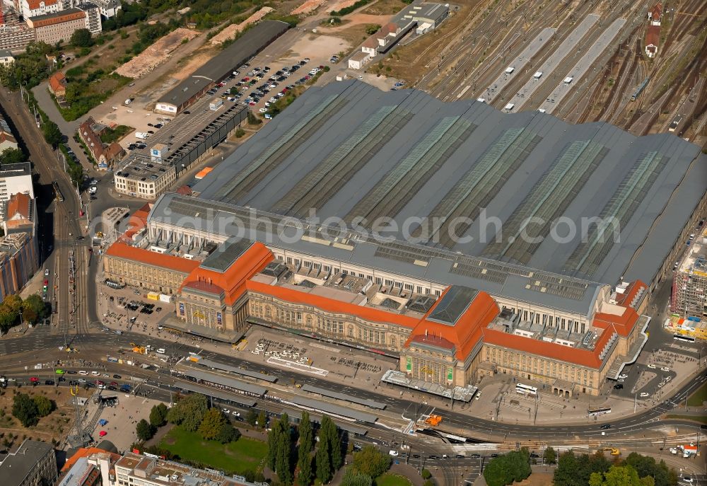 Leipzig from the bird's eye view: View over the building of the main station in Leipzig in Saxony