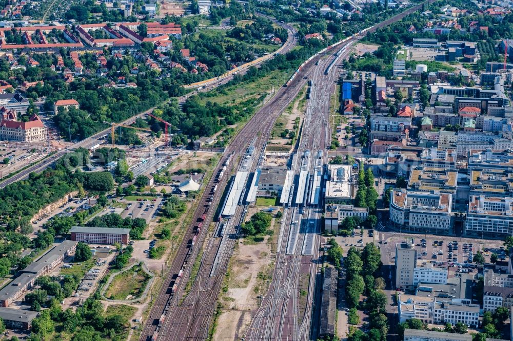 Magdeburg from above - Track progress and building of the main station of the railway in Magdeburg in the state Saxony-Anhalt, Germany