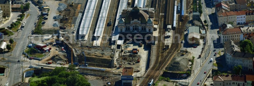 Aerial photograph Pilsen - Construction site of track progress and building of the main station of the railway in Pilsen in Boehmen, Czech Republic