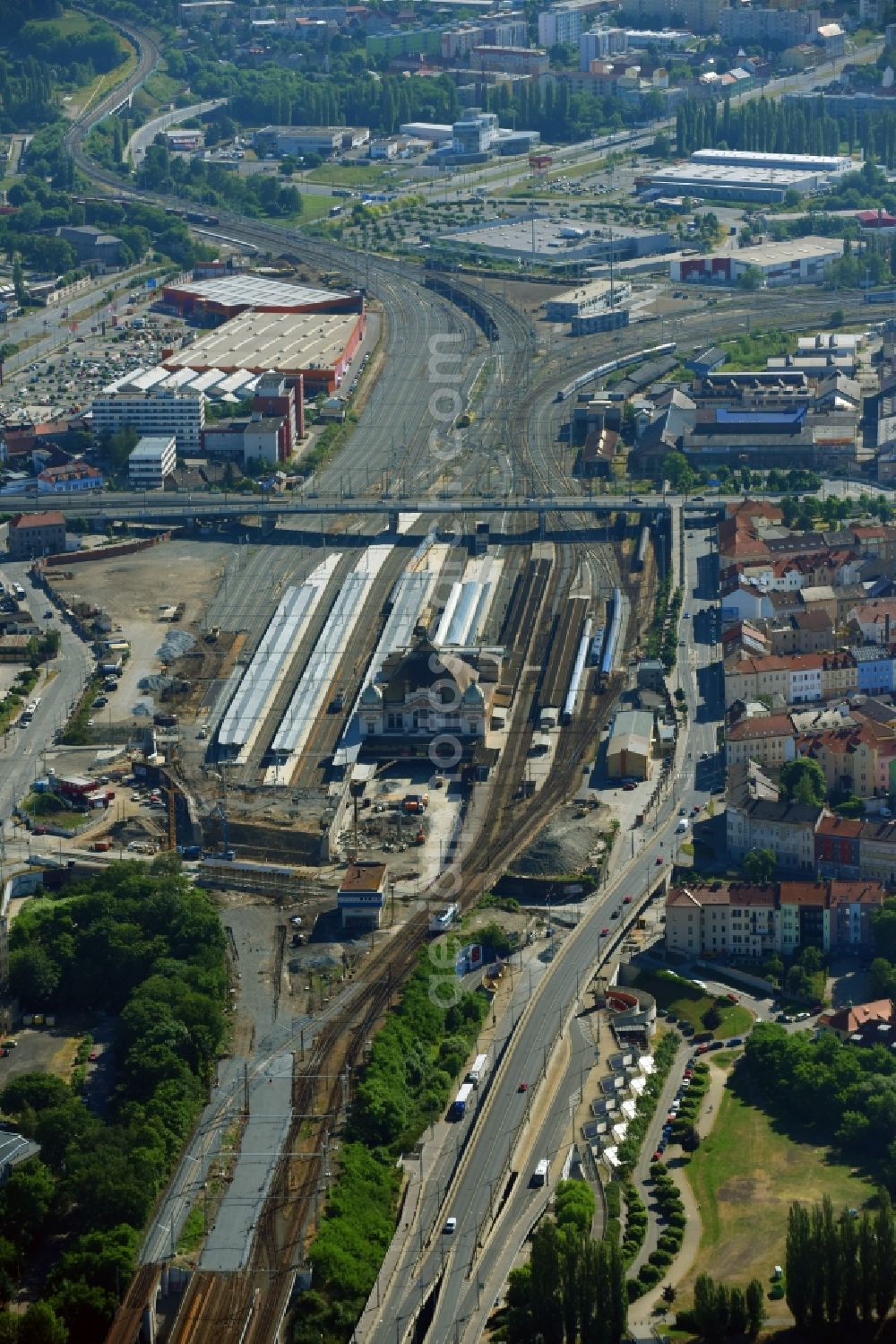 Pilsen from the bird's eye view: Construction site of track progress and building of the main station of the railway in Pilsen in Boehmen, Czech Republic