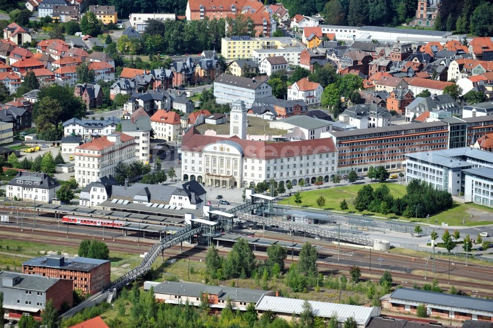 Aerial image Sonneberg - Main station and the New Town Hall on the squrae Bahnhofsplatz in Sonneberg in Thuringia