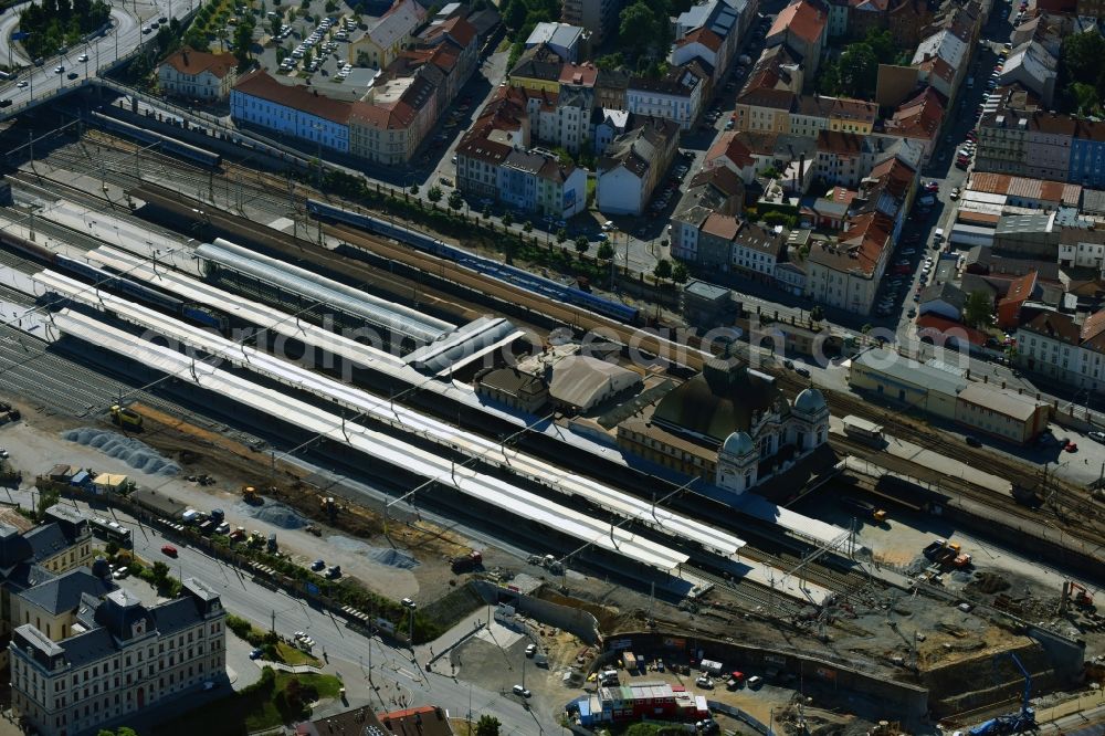 Pilsen from above - Track progress and building of the main station of the railway in Pilsen in Boehmen, Czech Republic