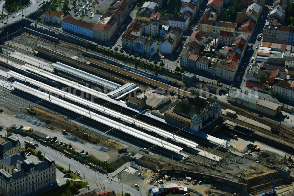 Pilsen from the bird's eye view: Track progress and building of the main station of the railway in Pilsen in Boehmen, Czech Republic