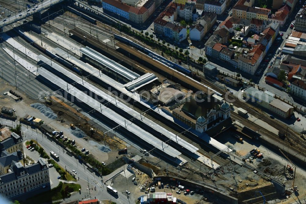 Pilsen from above - Track progress and building of the main station of the railway in Pilsen in Boehmen, Czech Republic