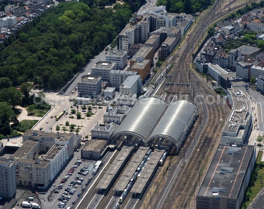 Reims from the bird's eye view: Track progress and building of the main station of the railway in Reims in Grand Est, France