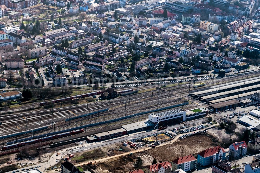 Offenburg from above - Track progress and building of the main station of the railway in Offenburg in the state Baden-Wuerttemberg, Germany