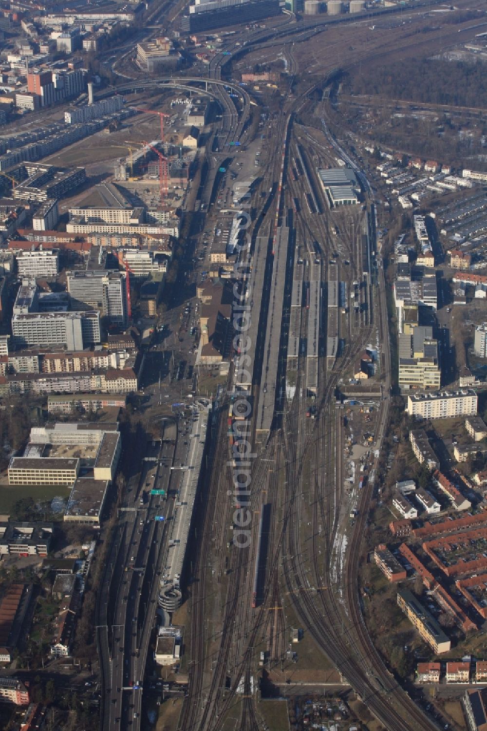 Aerial photograph Basel - Tracks and buildings of the railway station in Basle in Switzerland