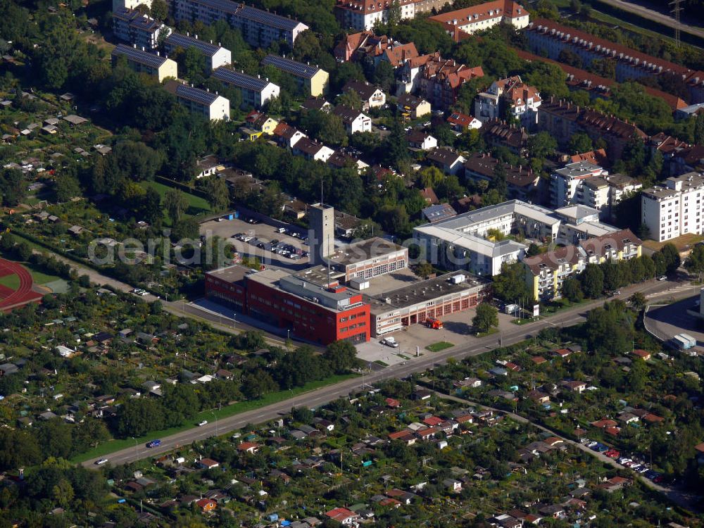 Freiburg from above - Die Hauptfeuerwache der Feuerwehr an der Eschholzstraße im Stadtteil Haslach in Freiburg, Baden-Württemberg. Main fire station of fire service at the street Eschholzstrasse in the district Haslach in Freiburg, Baden-Wuerttemberg.