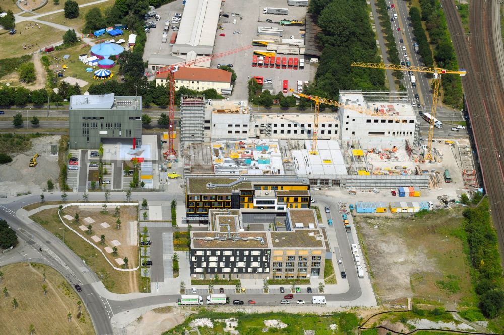 Karlsruhe from the bird's eye view: Building of a new central fire station on Zimmerstrasse in Karlsruhe in the state Baden-Wurttemberg, Germany