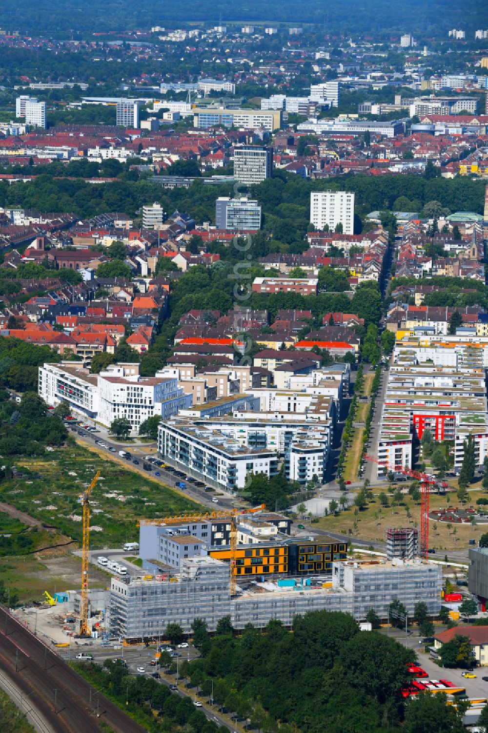 Karlsruhe from the bird's eye view: Building of a new central fire station on Zimmerstrasse in Karlsruhe in the state Baden-Wurttemberg, Germany