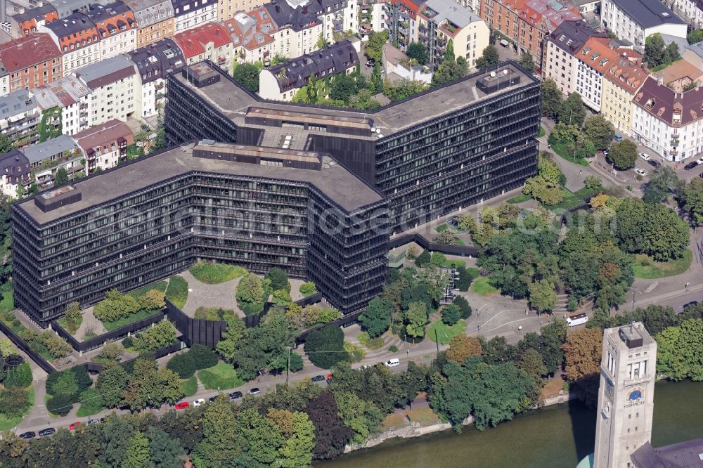 München from above - Main building of the European Patent Office EPA in Munich in the state of Bavaria. The high-rise building at Bob-van-Benthem-Platz is also called Isargebaeude