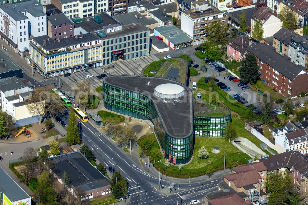 Oberhausen from above - Main building of the Sparkasse savings bank of on Woerthstrasse in the center of Oberhausen in the state North Rhine-Westphalia, Germany