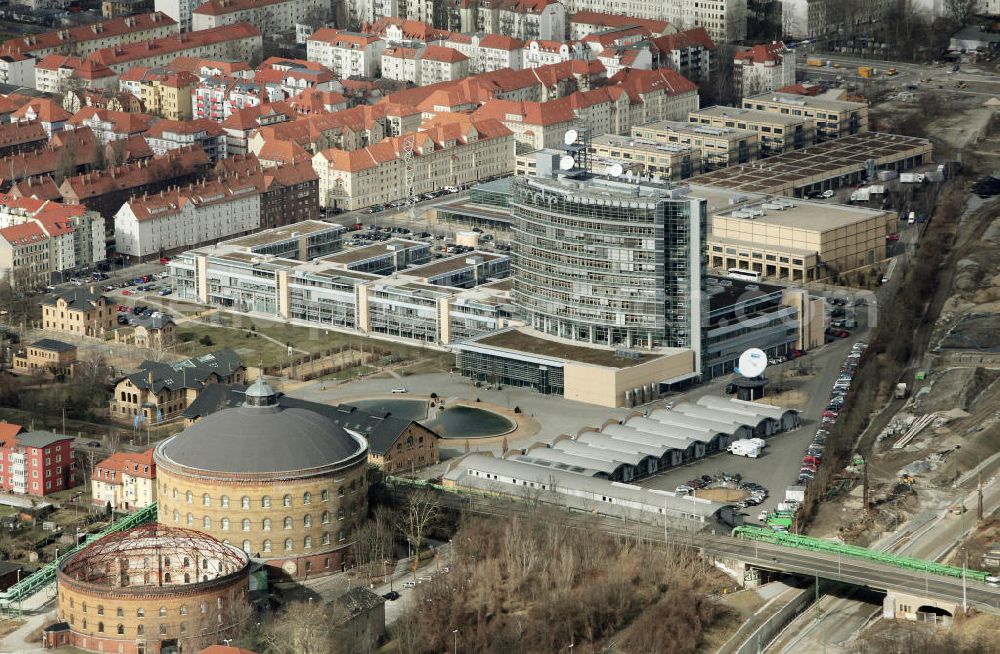 Leipzig from above - Blick auf das Hauptgebäude des Mitteldeutschen Rundfunk MDR an der Kantstraße / Richard-Lehmann-Straße in Leipzig. View of the main building of the Central German Broadcasting MDR in Leipzig.