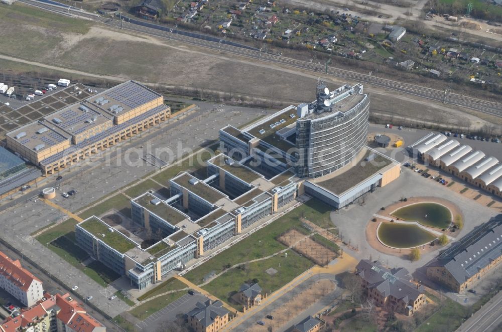 Aerial photograph Leipzig - View at the grounds of the Central German Broadcasting MDR at the streets Altenburger Strasse - Richard-Lehmann-Strasse and the building of the Media - City in Leipzig in Saxony