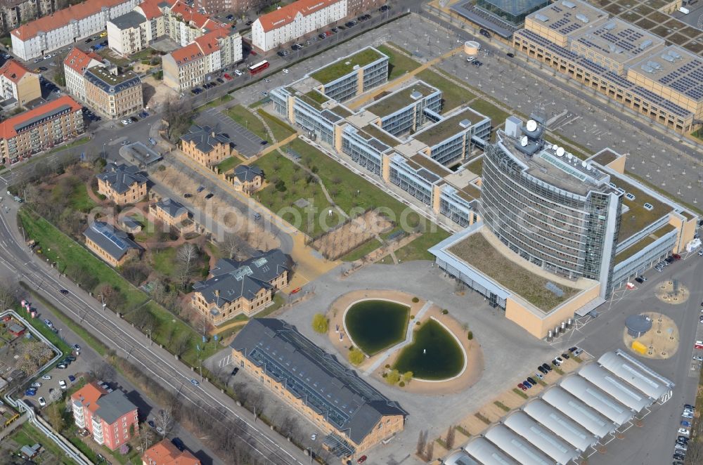 Leipzig from the bird's eye view: View at the grounds of the Central German Broadcasting MDR at the streets Altenburger Strasse - Richard-Lehmann-Strasse and the building of the Media - City in Leipzig in Saxony