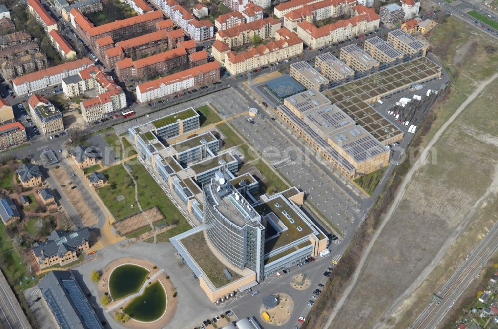 Aerial image Leipzig - View at the grounds of the Central German Broadcasting MDR at the streets Altenburger Strasse - Richard-Lehmann-Strasse and the building of the Media - City in Leipzig in Saxony