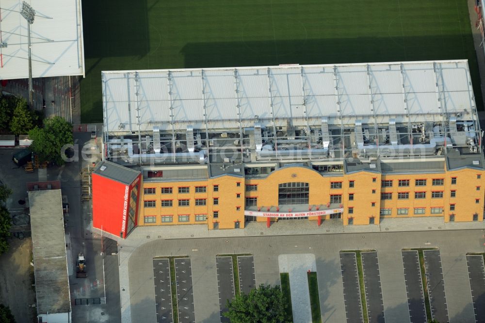 Aerial image Berlin - Main building of the football stadium An der Alten Foersterei in the district of Treptow-Koepenick in Berlin in Germany. The stadion is an events location and the home stadium of 1. FC Union Berlin