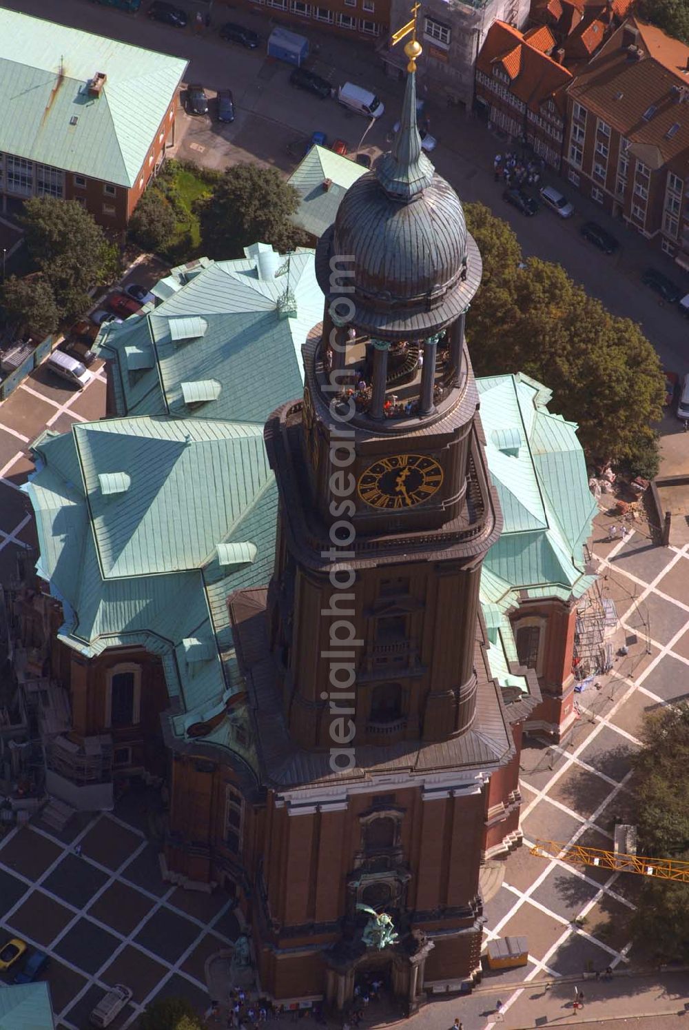 Aerial photograph Hamburg - Blick auf die Hauptkirche St. Michaelis. Englische Planke 1a 20459 Hamburg Fon: (040) 376 78 - 0 Fax: (040) 376 78 - 254 Mail: info@st-michaelis.de