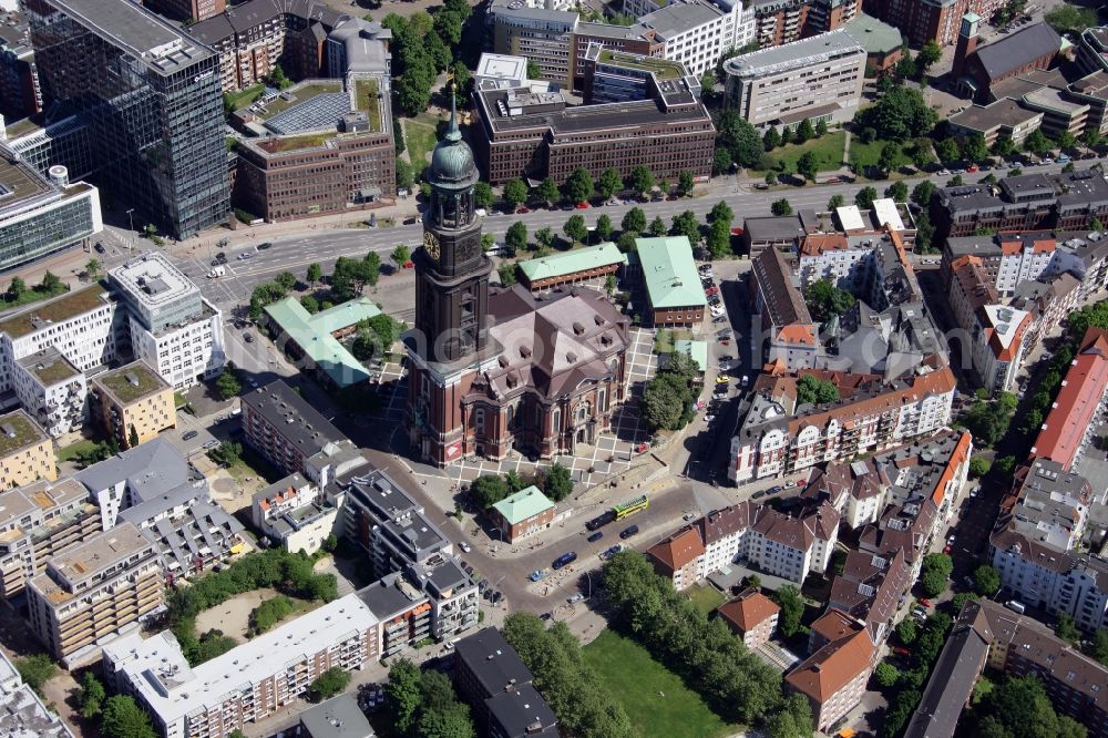 Hamburg from above - The main church of St. Michaelis in Hamburg is also known by the name of Michel and is the landmark of Hamburg