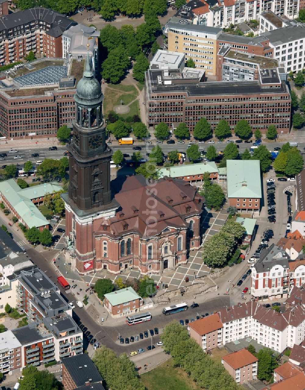 Aerial image Hamburg - View of the church St. Michaelis in Hamburg