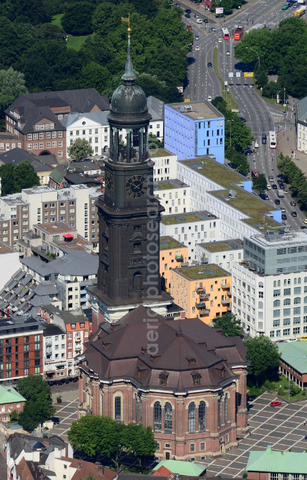 Aerial image Hamburg - View of the church St. Michaelis in Hamburg