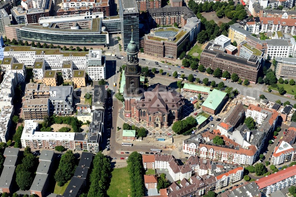 Hamburg from the bird's eye view: View of the church St. Michaelis in Hamburg