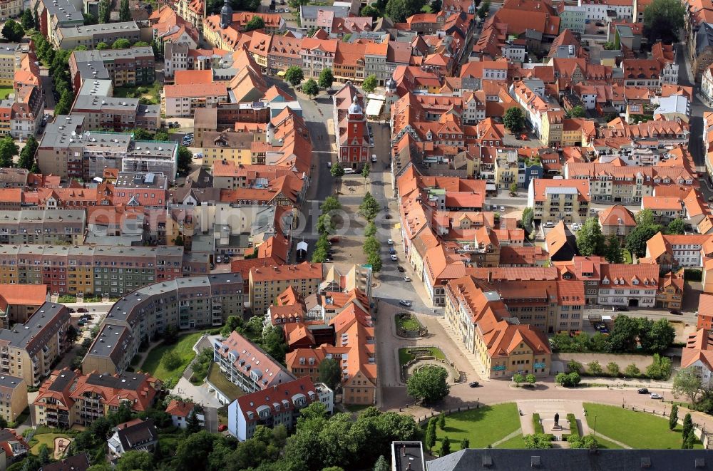 Aerial image Gotha - On the historic main market of Gotha in Thuringia is the old Renaissance - Town Hall. This landmark building has originally been built according to the designs of architect Caspar Mans, Christoph Goetze and Nicolaus Rausche as a department store. In the meantime, it was the residence of the Duke of Saxe-Gotha. At the southern end of the main market, the Schlossberg connects with the water art, which is fed by the water of the Leinekanal