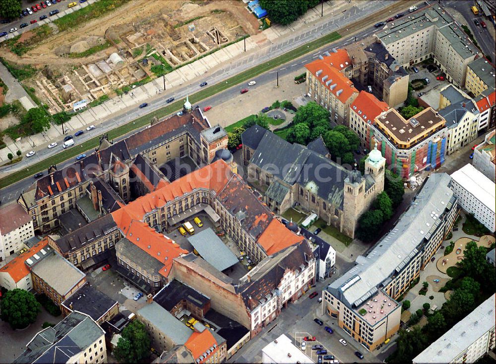 Aerial image Magdeburg - The old main post office, today justice centre, and the Saint Sebastian Church in the old town of Magdeburg, the capital city of Saxony-Anhalt. Compared to find archaeological excavations take place in front of the Cathedral