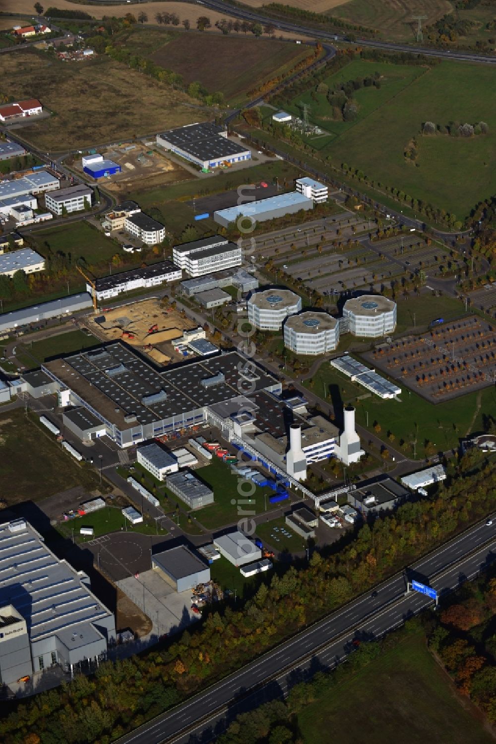 Blankenfelde-Mahlow from the bird's eye view: View at the headquarters of Rolls Royce Germany and the Rolls-Royce Mechanical Test Operations Centre in the commercial area Eschenweg in the local part Dahlewitz in Blankenfelde-Mahlow in Brandenburg