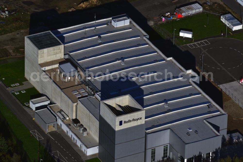 Blankenfelde-Mahlow from the bird's eye view: View at the headquarters of Rolls Royce Germany and the Rolls-Royce Mechanical Test Operations Centre in the commercial area Eschenweg in the local part Dahlewitz in Blankenfelde-Mahlow in Brandenburg