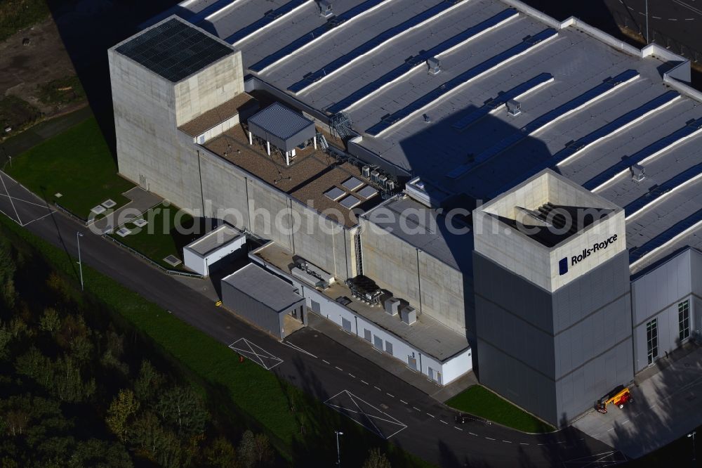 Blankenfelde-Mahlow from the bird's eye view: View at the headquarters of Rolls Royce Germany and the Rolls-Royce Mechanical Test Operations Centre in the commercial area Eschenweg in the local part Dahlewitz in Blankenfelde-Mahlow in Brandenburg