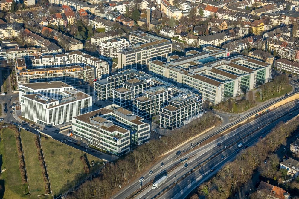 Essen from above - View of the administrative building of the E.ON Ruhrgas AG near the federal highway A 52 in the district of Ruettenscheid in Essen in the state of North Rhine-Westphalia