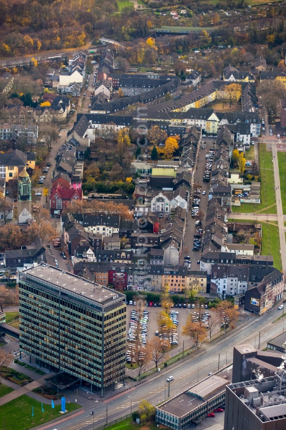 Duisburg from above - Administration building of the company ThyssenKrupp steel Europe AG in the district Meiderich-Beeck in Duisburg in the state North Rhine-Westphalia