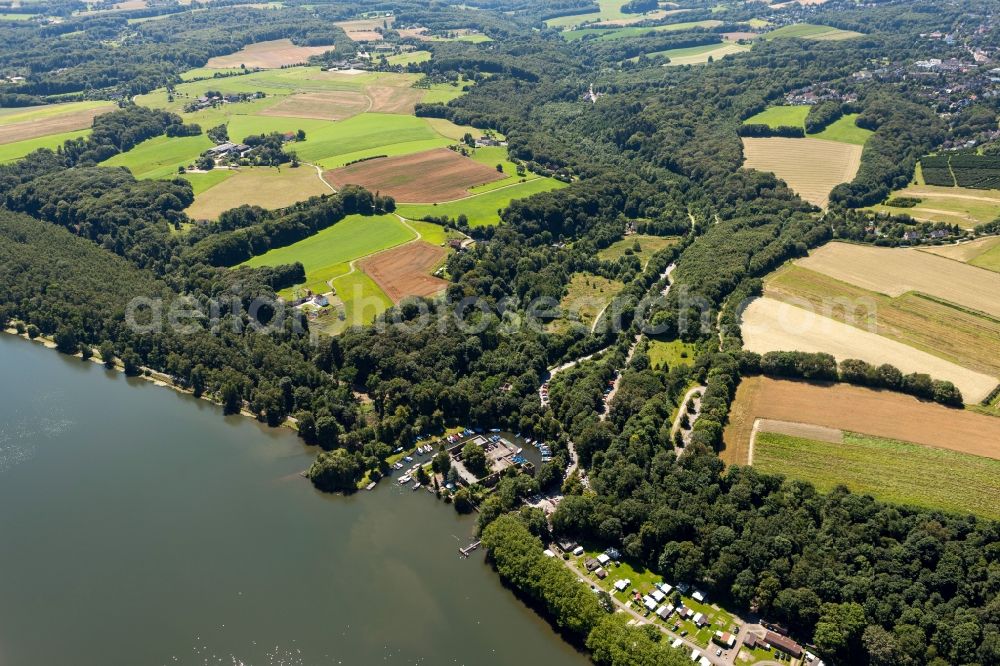 Aerial photograph Essen - View onto the Haus Scheppen at the south bank of the Baldeney Lake in Essen in the state North Rhine-Westphalia. The Haus Scheppen is a former, noble fief. Today the club house and the sports port of the Essen Sailer and Canoe Club is located in the Hous Scheppen