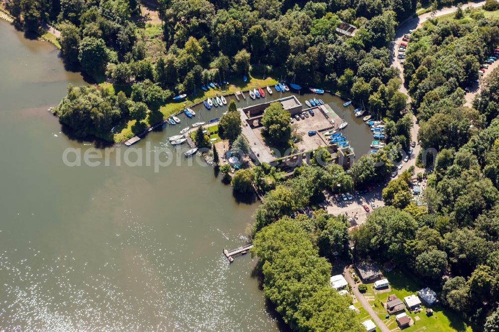 Essen from above - View onto the Haus Scheppen at the south bank of the Baldeney Lake in Essen in the state North Rhine-Westphalia. The Haus Scheppen is a former, noble fief. Today the club house and the sports port of the Essen Sailer and Canoe Club is located in the Hous Scheppen