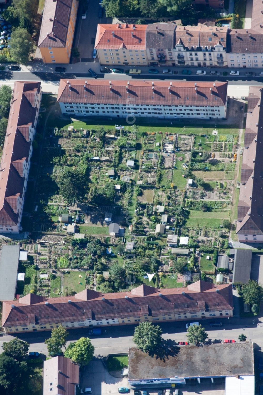 Offenburg from above - Small gardens in the court-yards of a housing block in Offenburg in the state Baden-Wuerttemberg, Germany