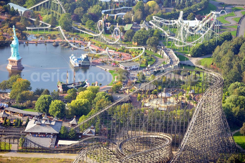 Aerial image Soltau - Der Heide-Park bei Soltau in Niedersachsen ist einer der größten deutschen Freizeitparks. Die Holzachterbahn Colossos ist die größte und schnellste in Europa und die drittgrößte der Welt. The Heide-Park in Soltau, Lower Saxony, is one of the biggest fun parks in Germany. The wooden roller coaster Collossos is the fastest and biggest in Europe and it is also the third biggest in the world.