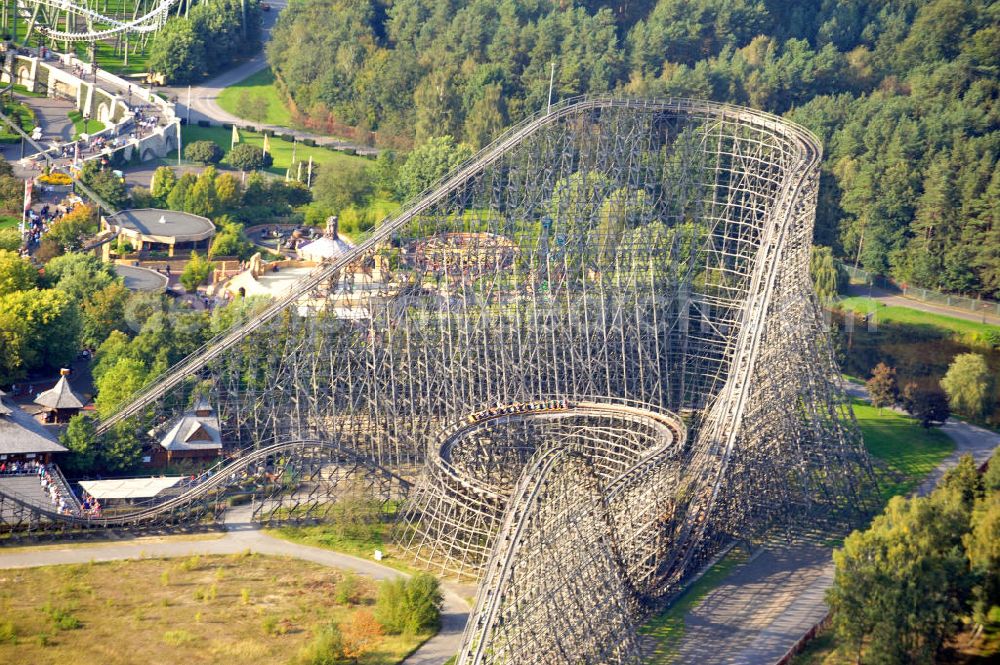 Aerial photograph Soltau - Der Heide-Park bei Soltau in Niedersachsen ist einer der größten deutschen Freizeitparks. Die Holzachterbahn Colossos ist die größte und schnellste in Europa und die drittgrößte der Welt. The Heide-Park in Soltau, Lower Saxony, is one of the biggest fun parks in Germany. The wooden roller coaster Collossos is the fastest and biggest in Europe and it is also the third biggest in the world.