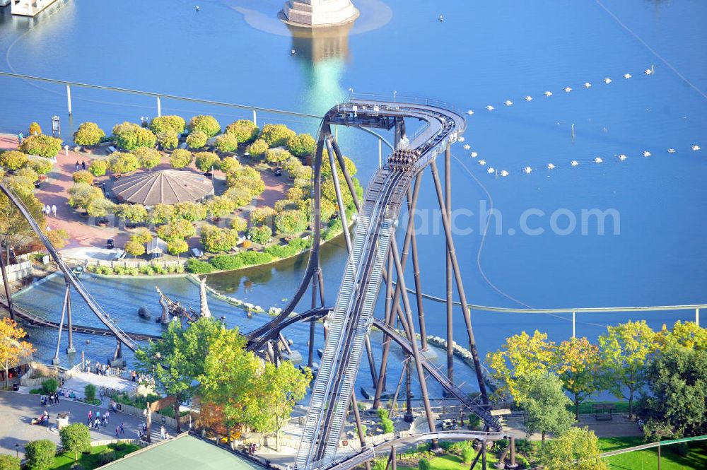 Soltau from the bird's eye view: Der Heide-Park bei Soltau in Niedersachsen ist einer der größten deutschen Freizeitparks. Zu sehen ist die Achterbahn Krake, Deutschlands erster dive coaster. The Heide-Park in Soltau, Lower Saxony, is one of the biggest fun parks in Germany. There is the roller coaster Krake, the first dive coaster in Germany.